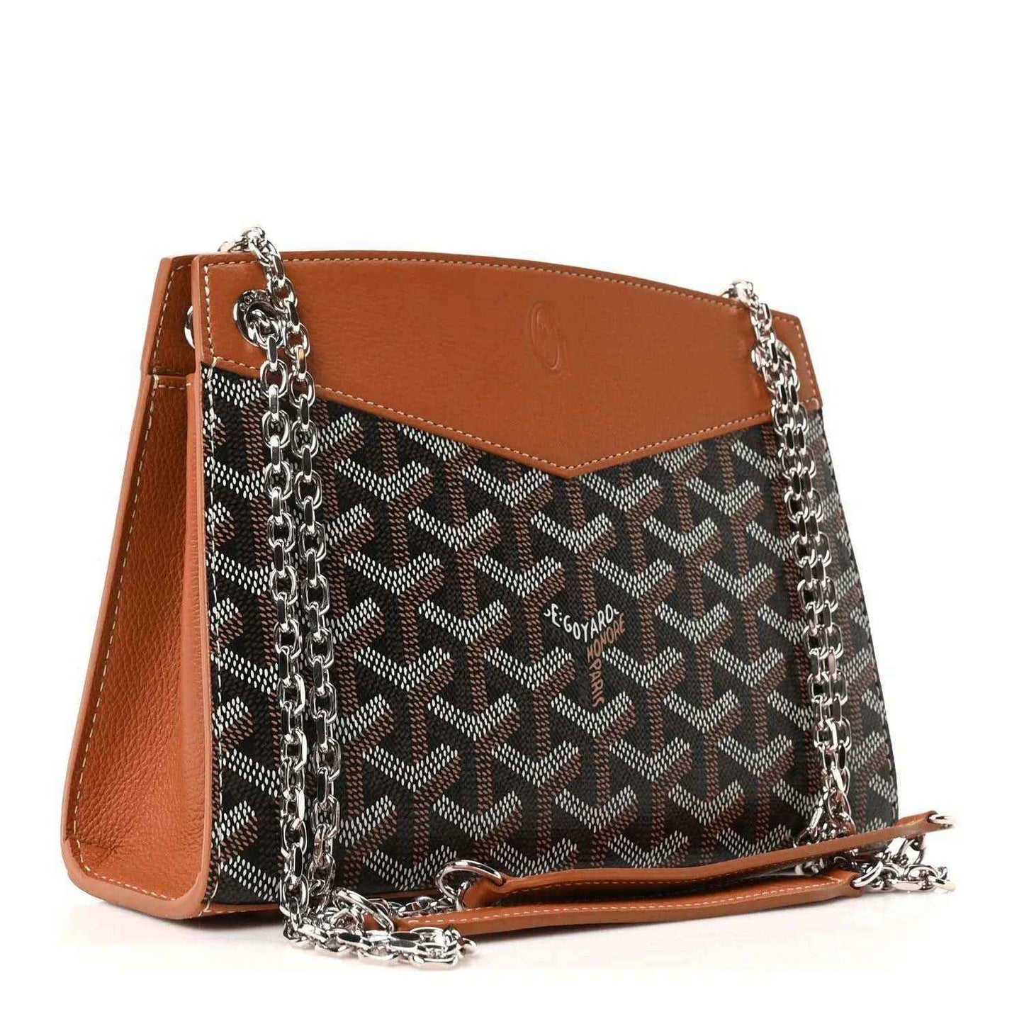 Mini tote bag with tan leather top and sides, black logo canvas center, and silver chain strap.