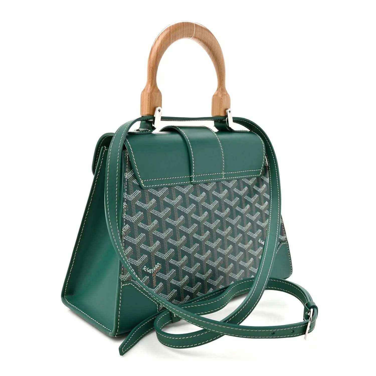 Goyard Saigon PM green canvas handbag with wooden top handles and crossbody strap