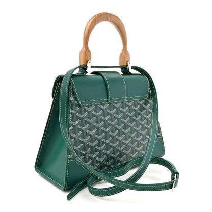Goyard Saigon PM green canvas handbag with wooden top handles and crossbody strap