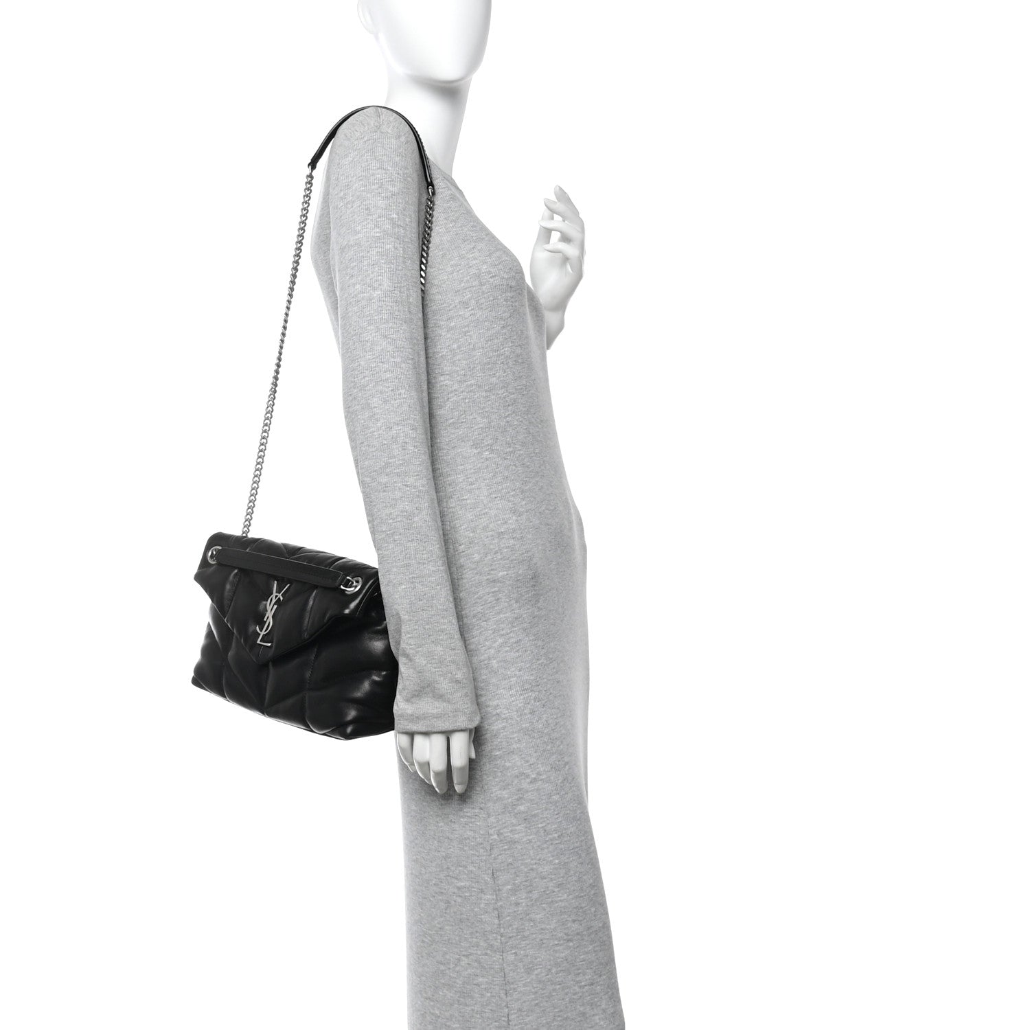 Saint Laurent puffer satchel with black quilted leather and chain shoulder strap
