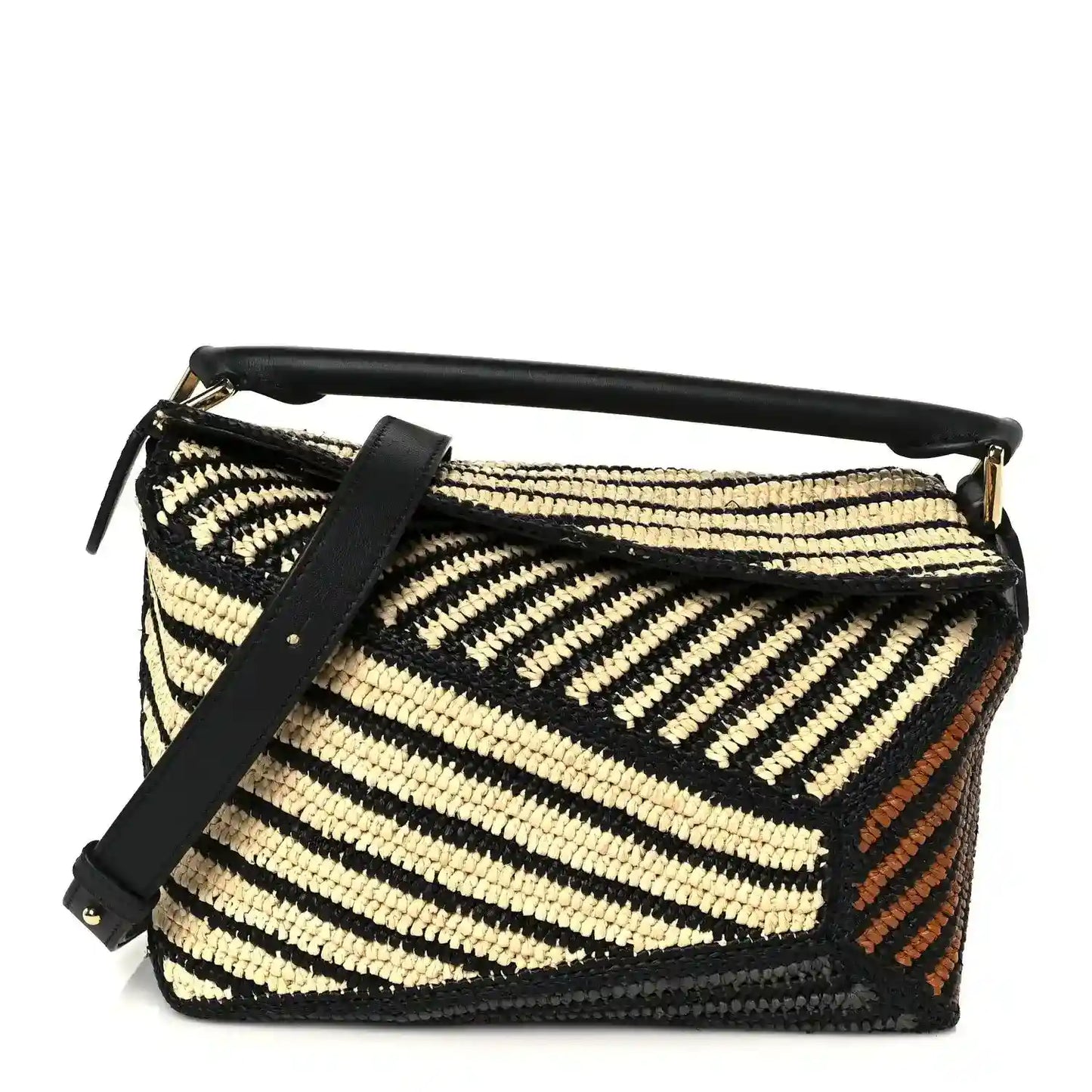 Small raffia puzzle bag with black leather trim, natural and orange striped weave