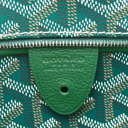 Goyard Artois PM tote bag label on green leather trim with scalloped pocket
