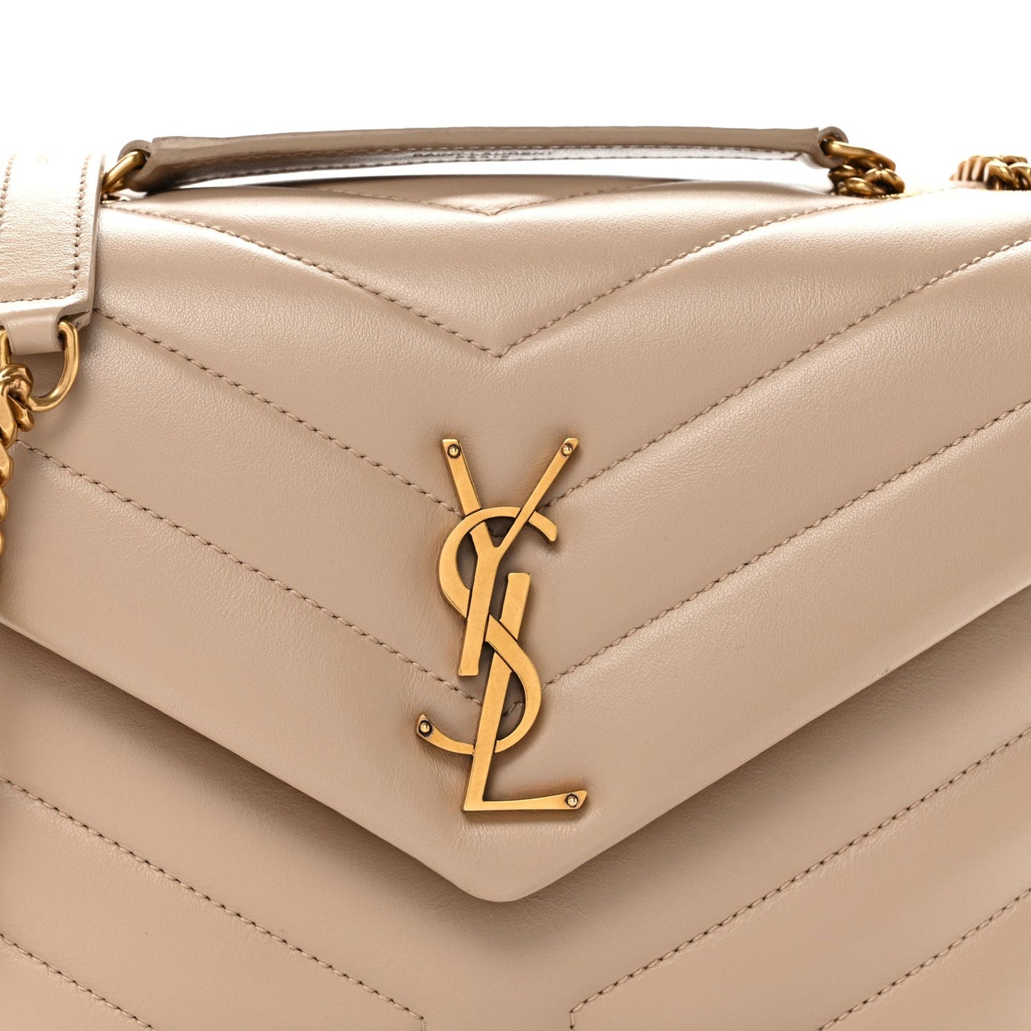 Dark beige quilted satchel front with gold YSL monogram plate