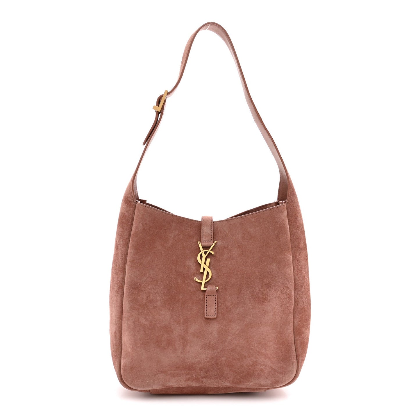 Small suede calfskin hobo bag, barley pink, with YSL charm and top handles
