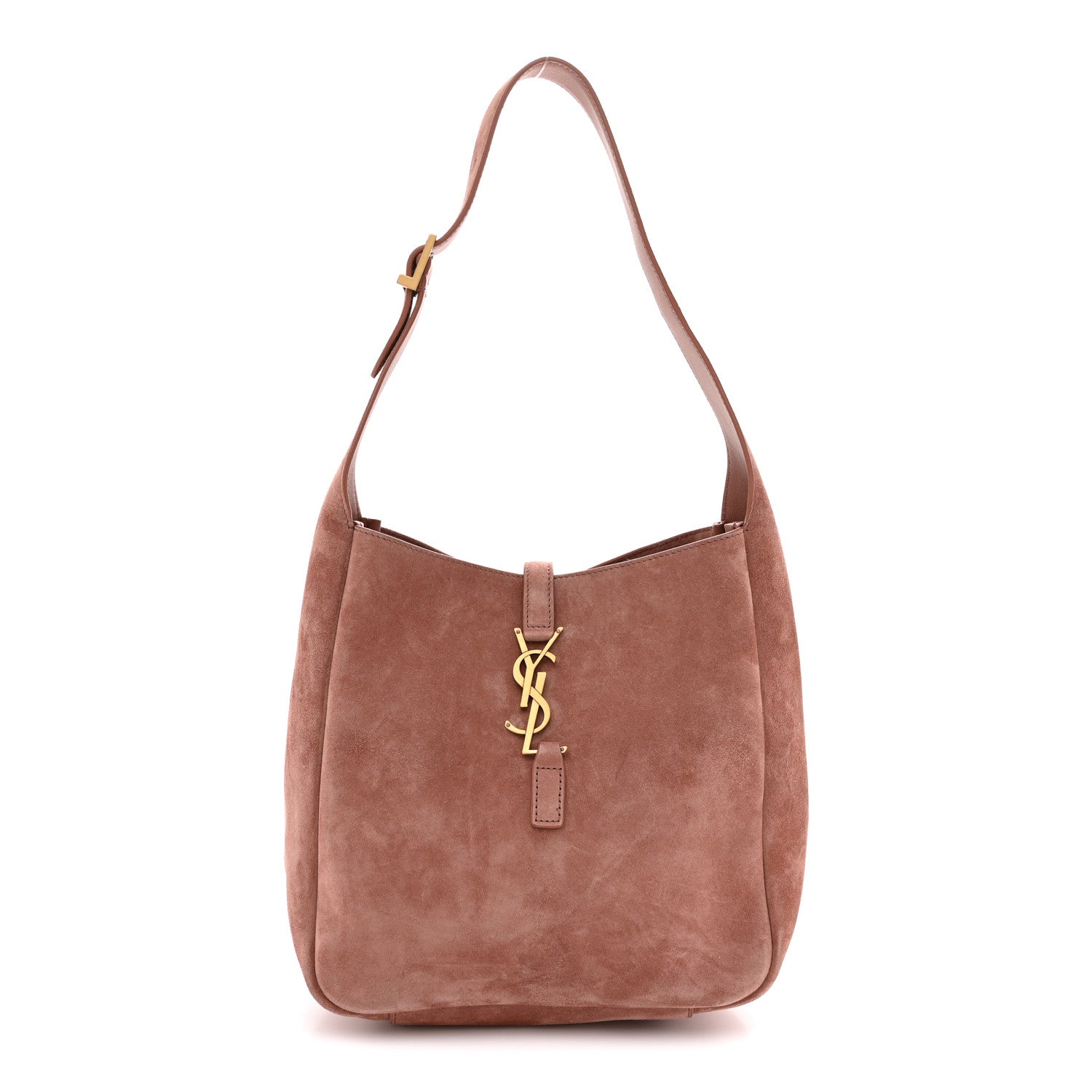 Small suede calfskin hobo bag, barley pink, with YSL charm and top handles