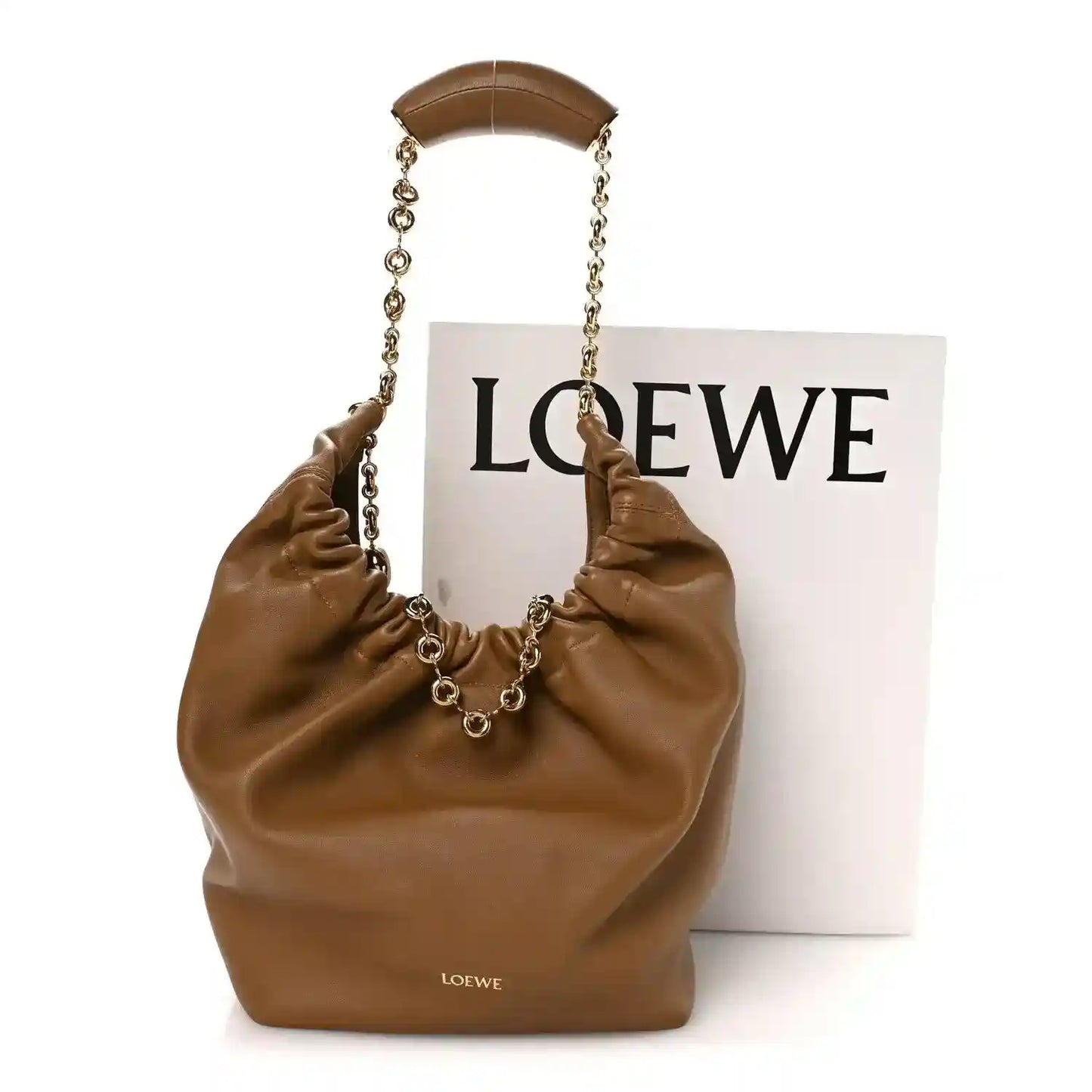 Loewe nappa small squeeze bag in oak-brown leather with chain-link handles