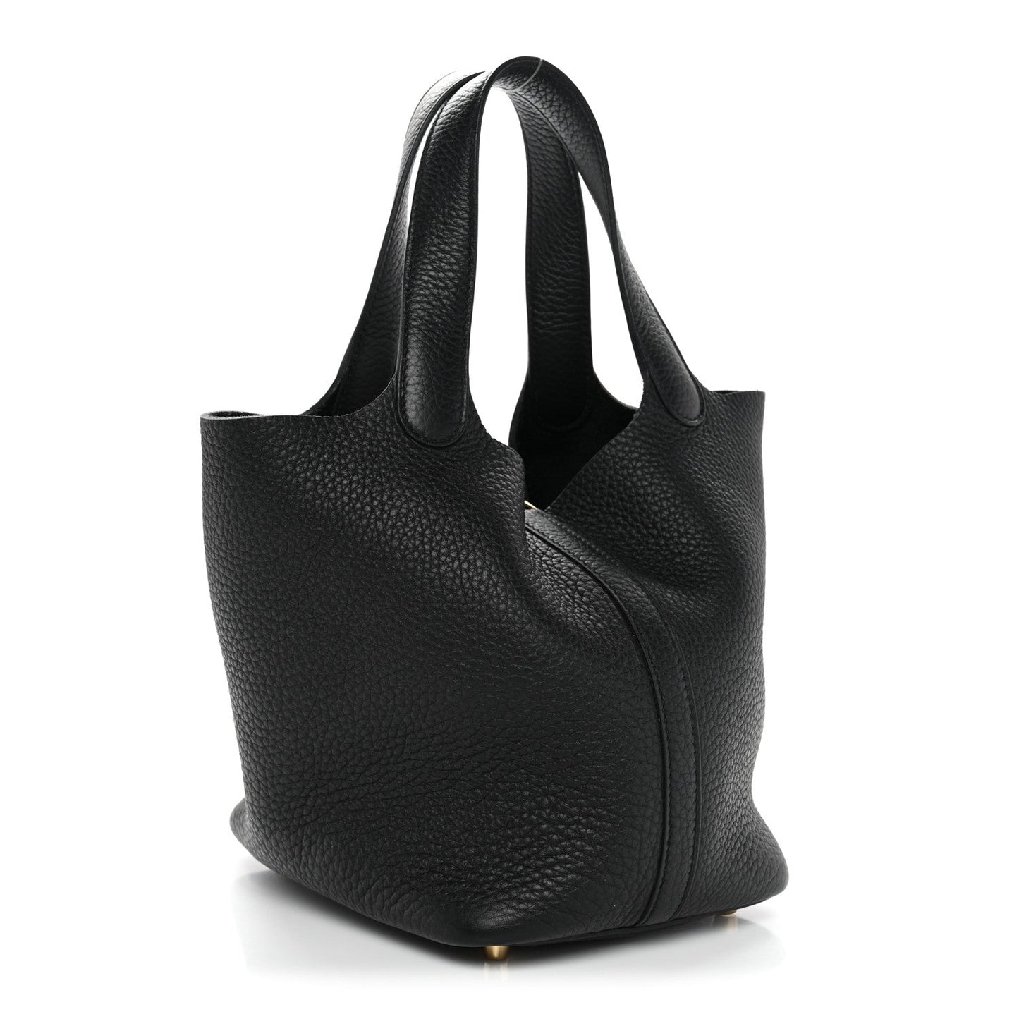 Black textured leather hobo tote with side seam and gold base detail