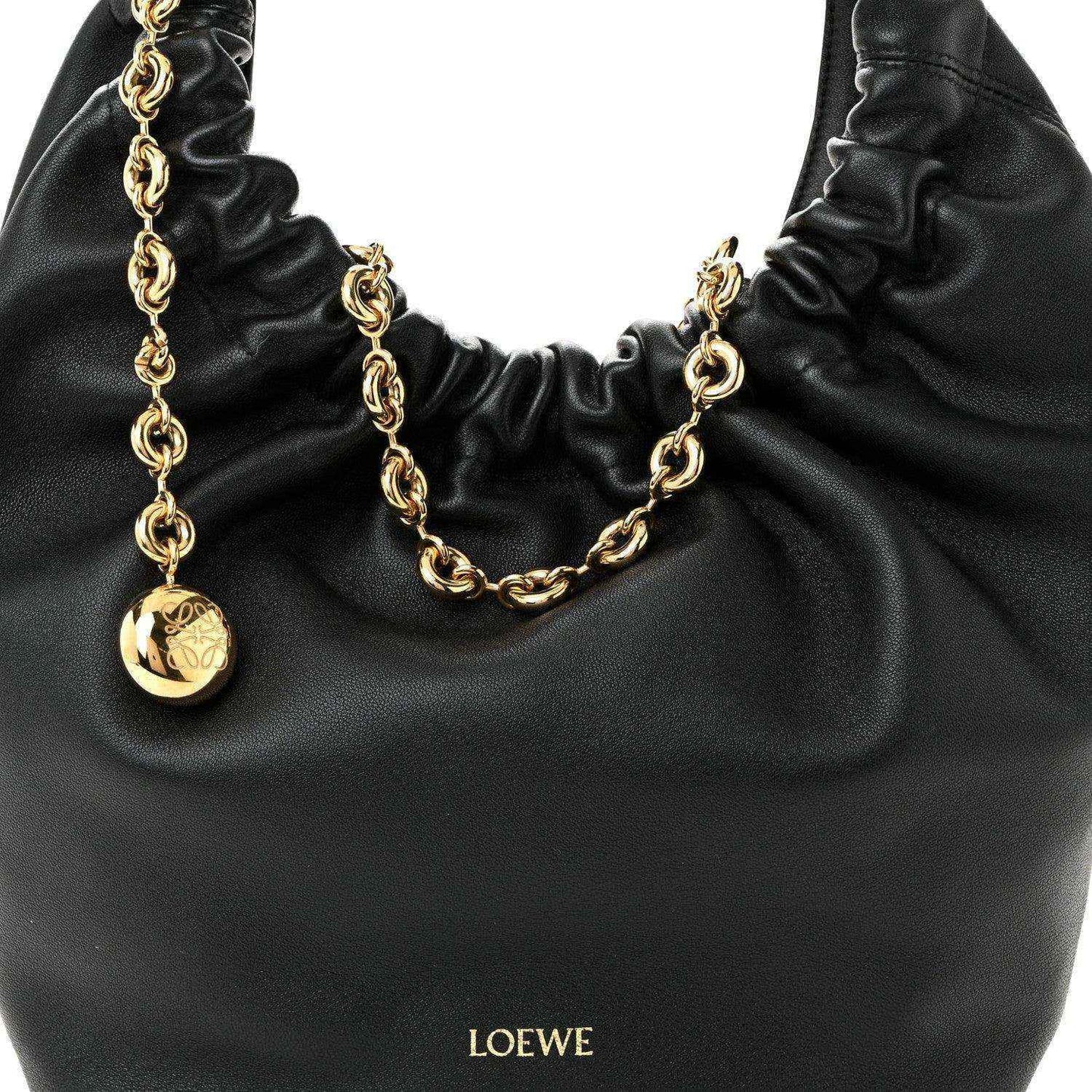 Loewe small squeeze bag in black ruched nappa leather with gold chain and LOEWE charm