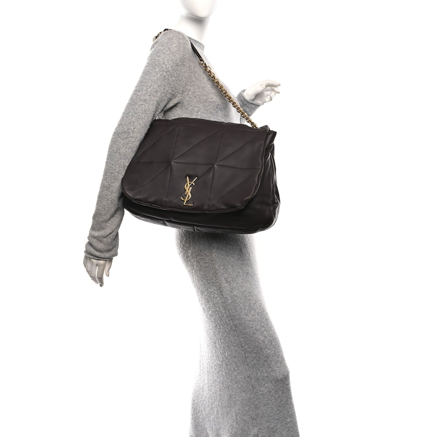 Quilted shoulder bag with gold YSL logo, dark brown, chain strap and flap closure