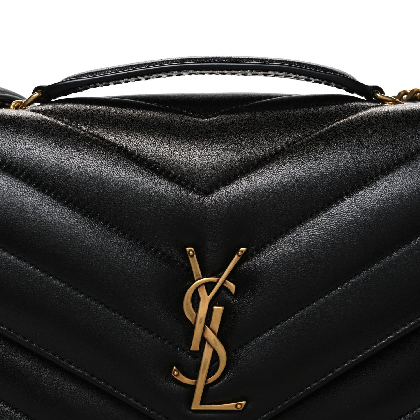 Black quilted lambskin flap with gold YSL logo and chevron stitching