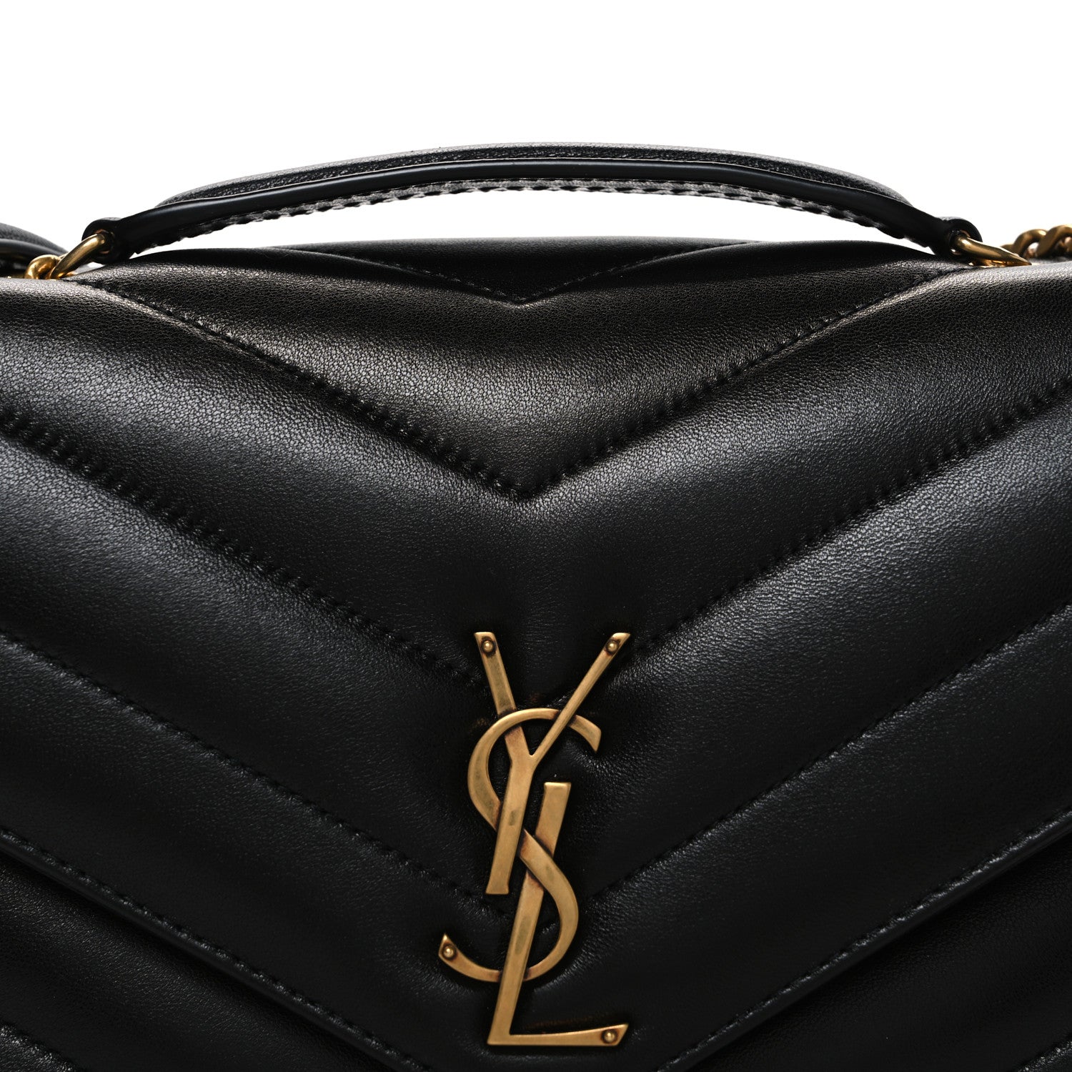 Black quilted lambskin flap with gold YSL logo and chevron stitching