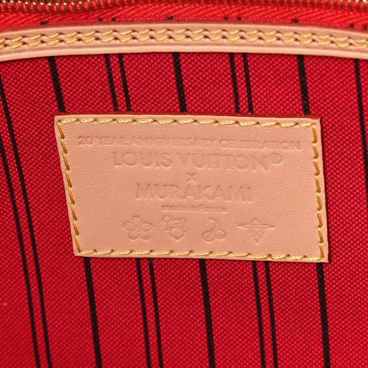 Embossed leather label patch with decorative stitching on red striped lining.