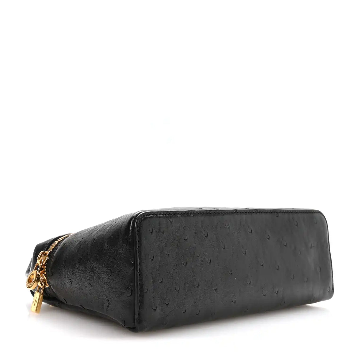 Black ostrich pocket pouch with gold-tone zipper and curved front profile