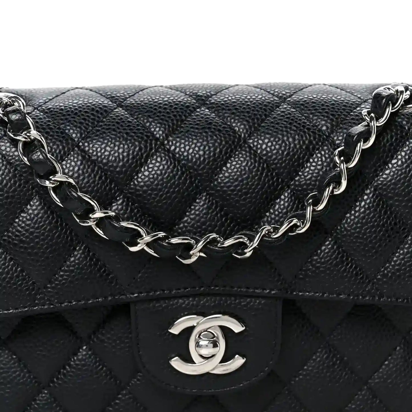 Black caviar quilted leather small double flap bag with Chanel CC turn-lock and chain