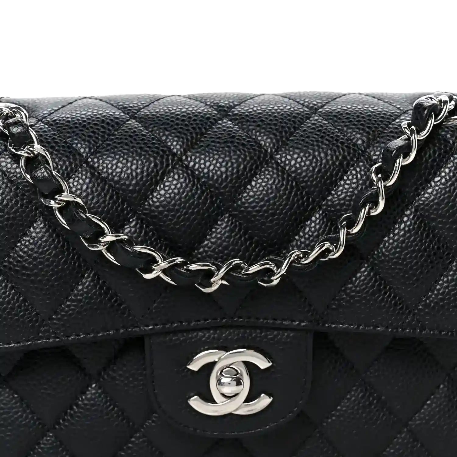 Black caviar quilted leather small double flap bag with Chanel CC turn-lock and chain