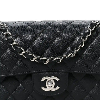 Black caviar quilted leather small double flap bag with Chanel CC turn-lock and chain