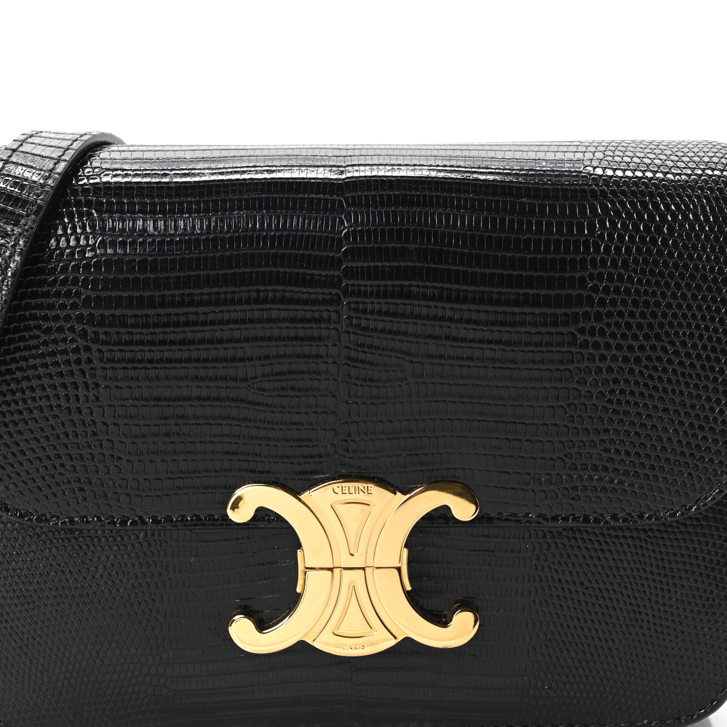 Black lizard-embossed flap bag with centered gold C clasp