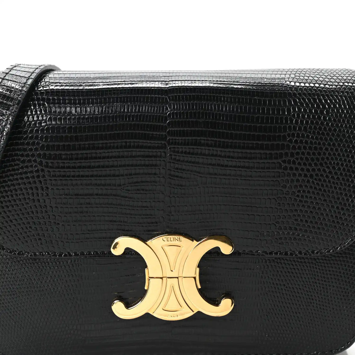Black lizard-embossed flap bag with centered gold C clasp