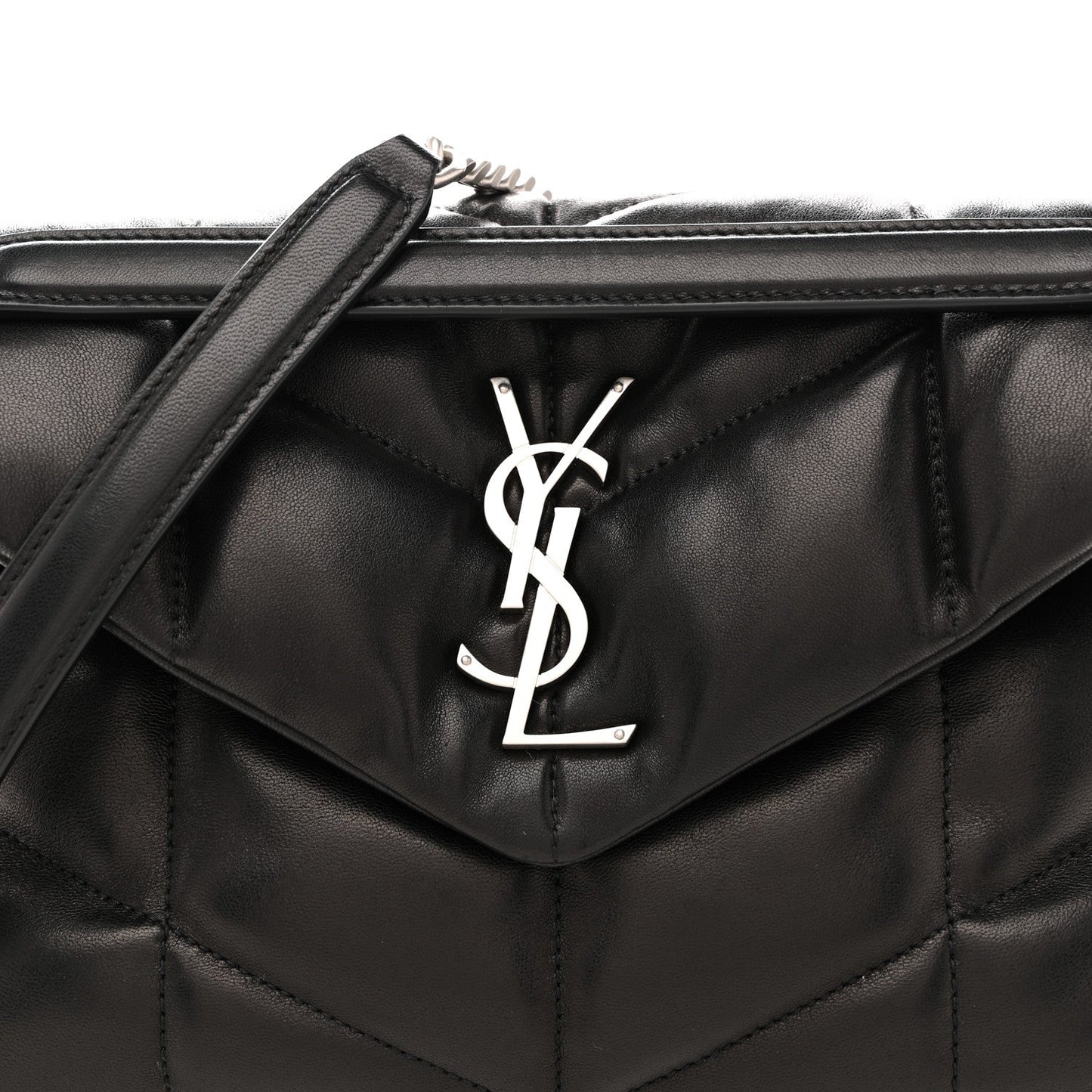 YSL monogram on black quilted puffer satchel front flap