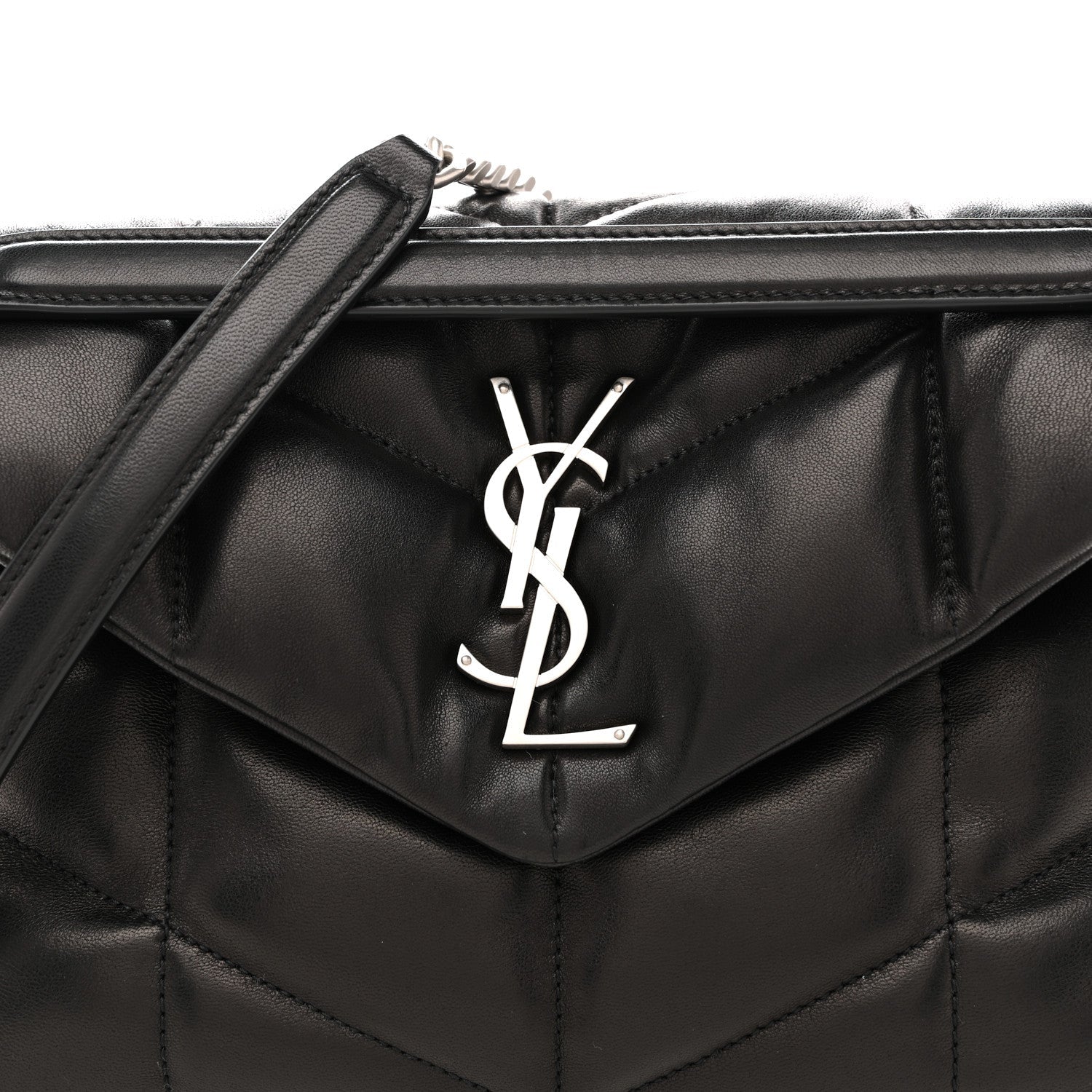 YSL monogram on black quilted puffer satchel front flap