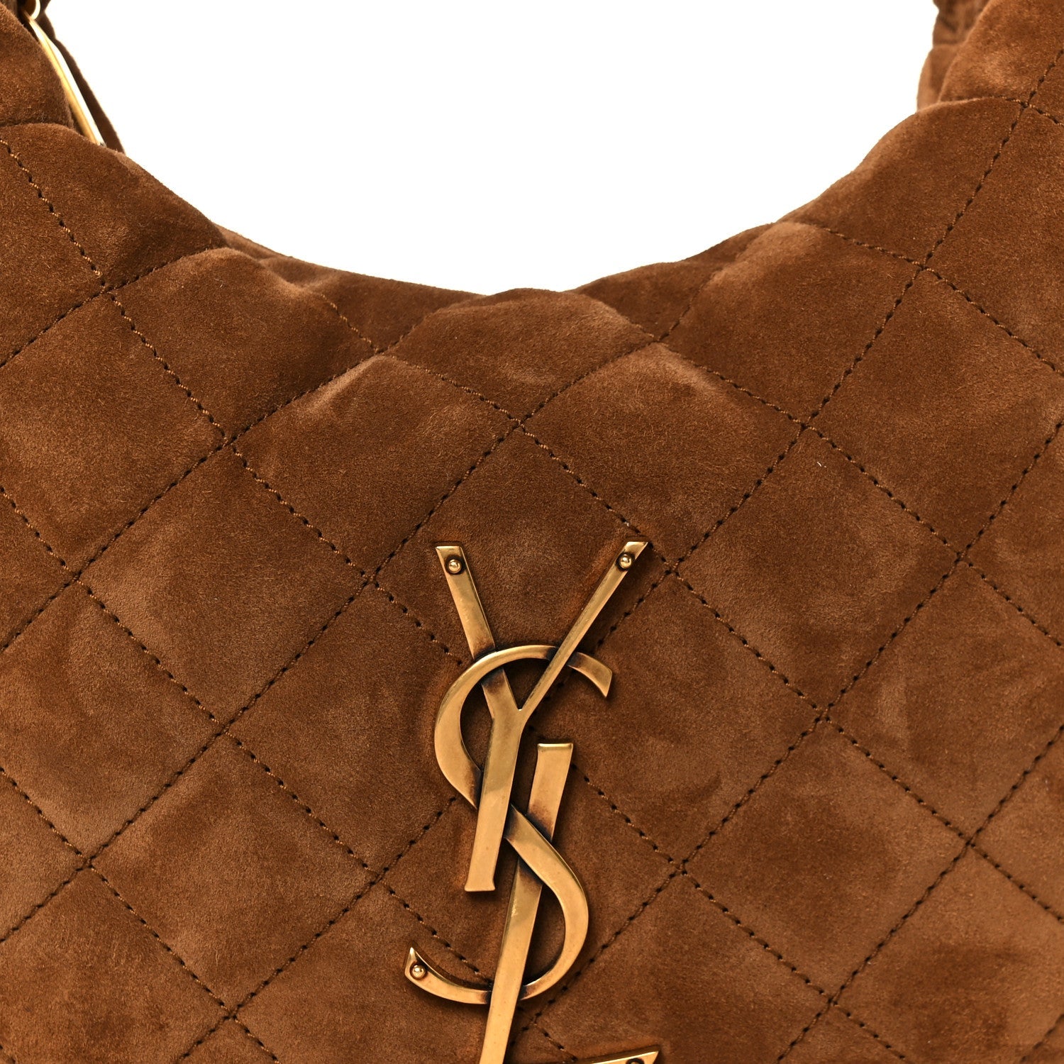 Cognac suede quilted tote bag front with YSL emblem