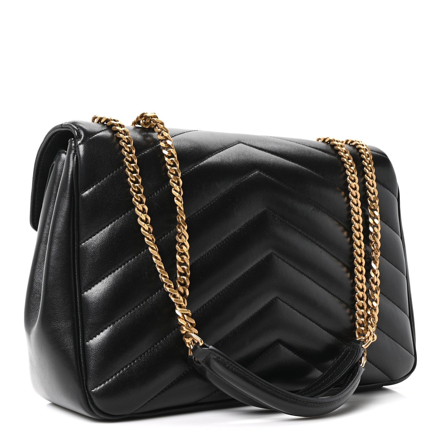 Black chevron quilted shoulder bag with gold chain strap and YSL emblem