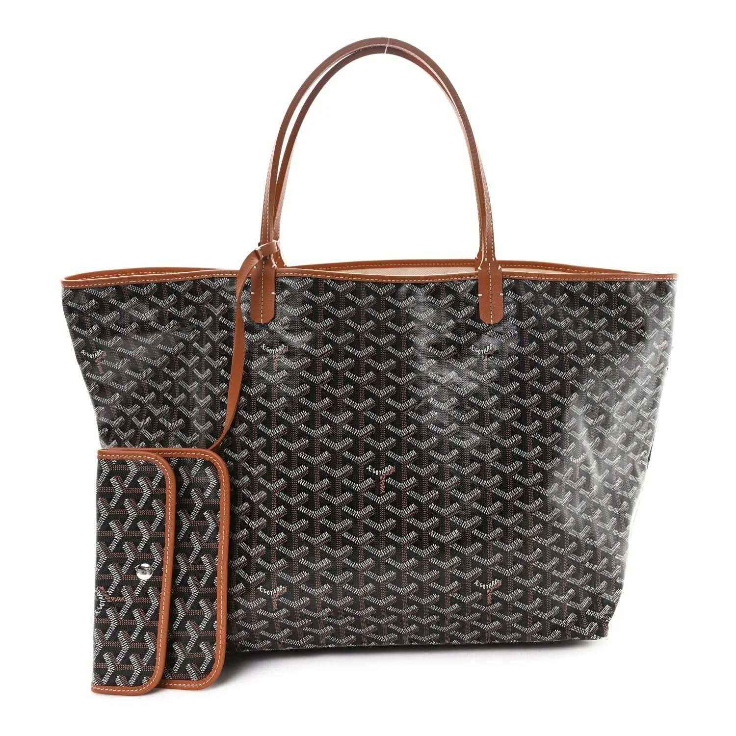 Black monogram tote bag with tan leather handles and attached mini pouch