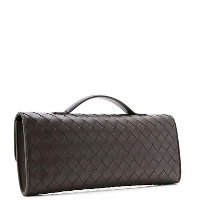 Structured intrecciato nappa leather clutch bag in dark tone with top handle