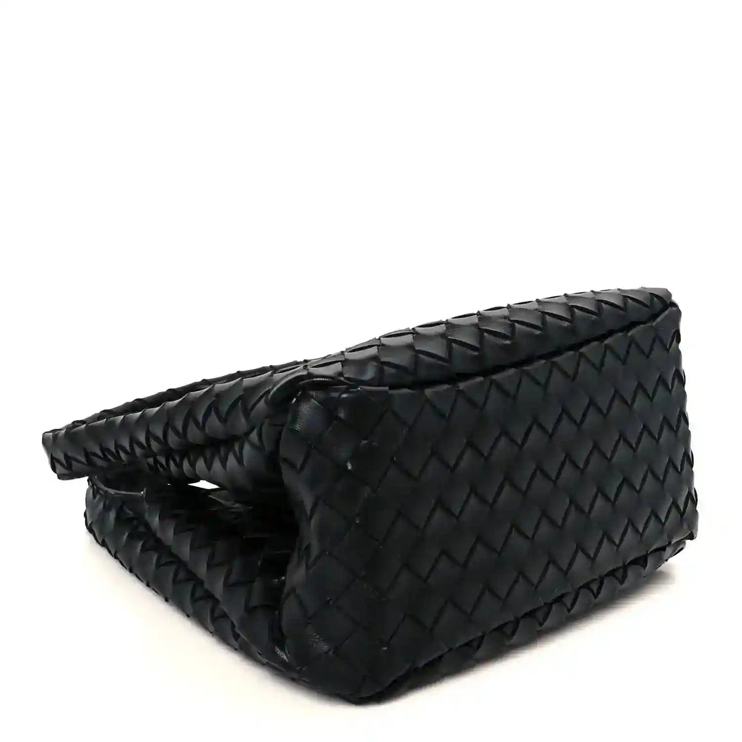 Black intrecciato leather shoulder bag, angled side view with structured base
