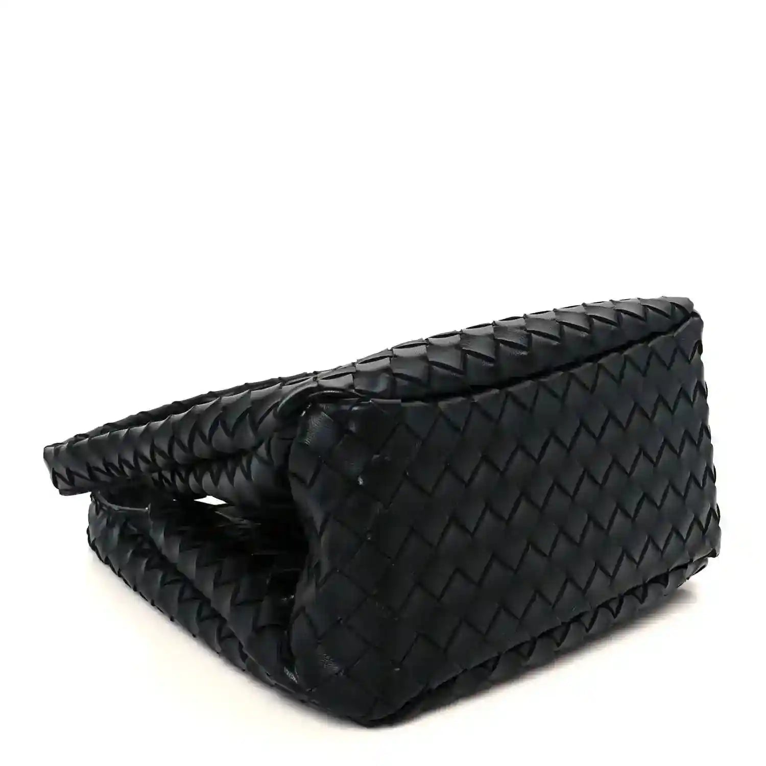 Black intrecciato leather shoulder bag, angled side view with structured base