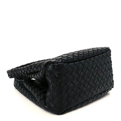 Black intrecciato leather shoulder bag, angled side view with structured base