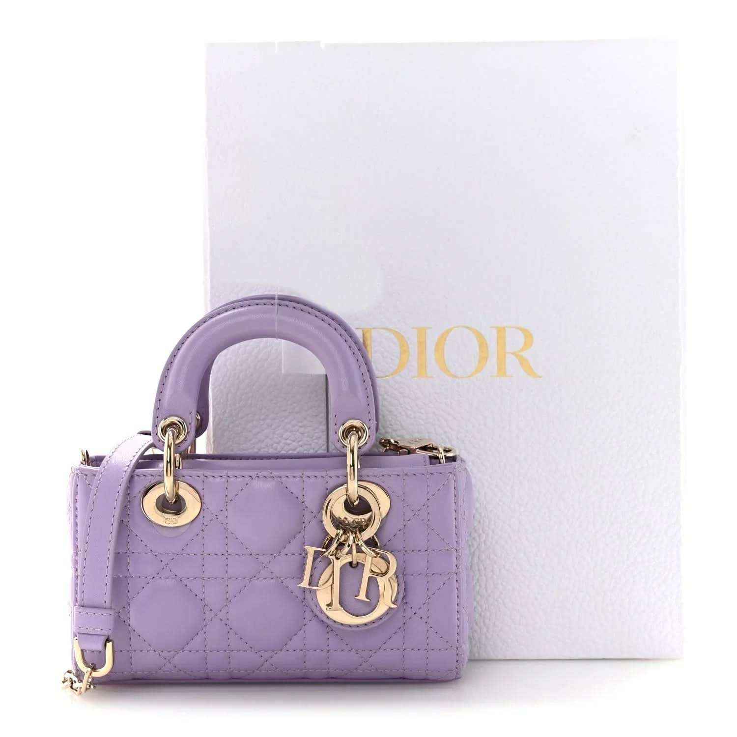 Lilac lambskin micro Lady D-Joy bag with cannage quilting, top handles and Dior charm
