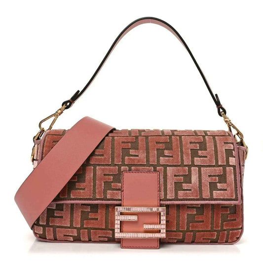 Pink velvet jacquard baguette bag with FF pattern, crystal FF lock and shoulder strap