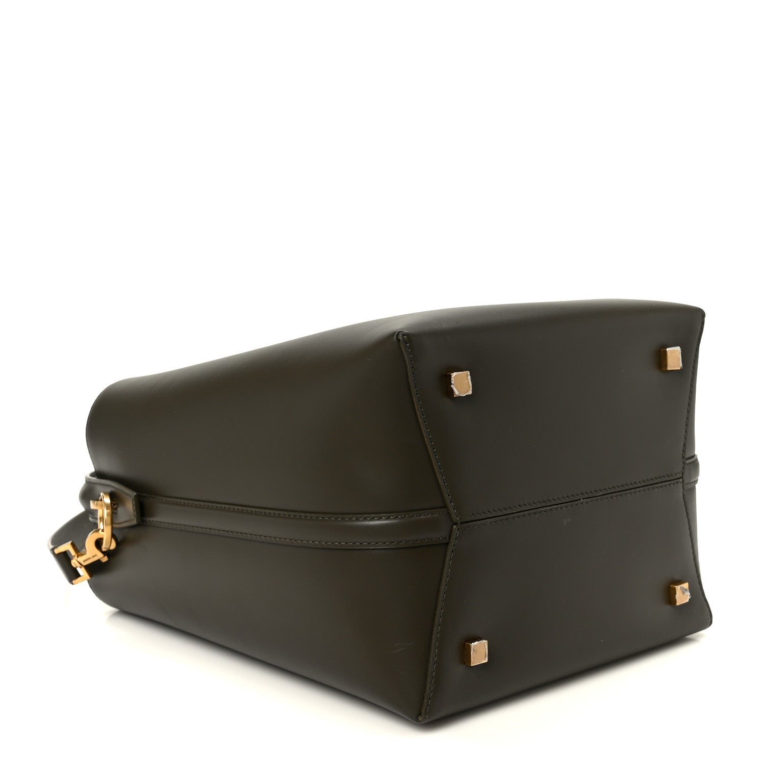Saint Laurent calfskin bucket bag base view in deep musk with gold-tone corner studs.