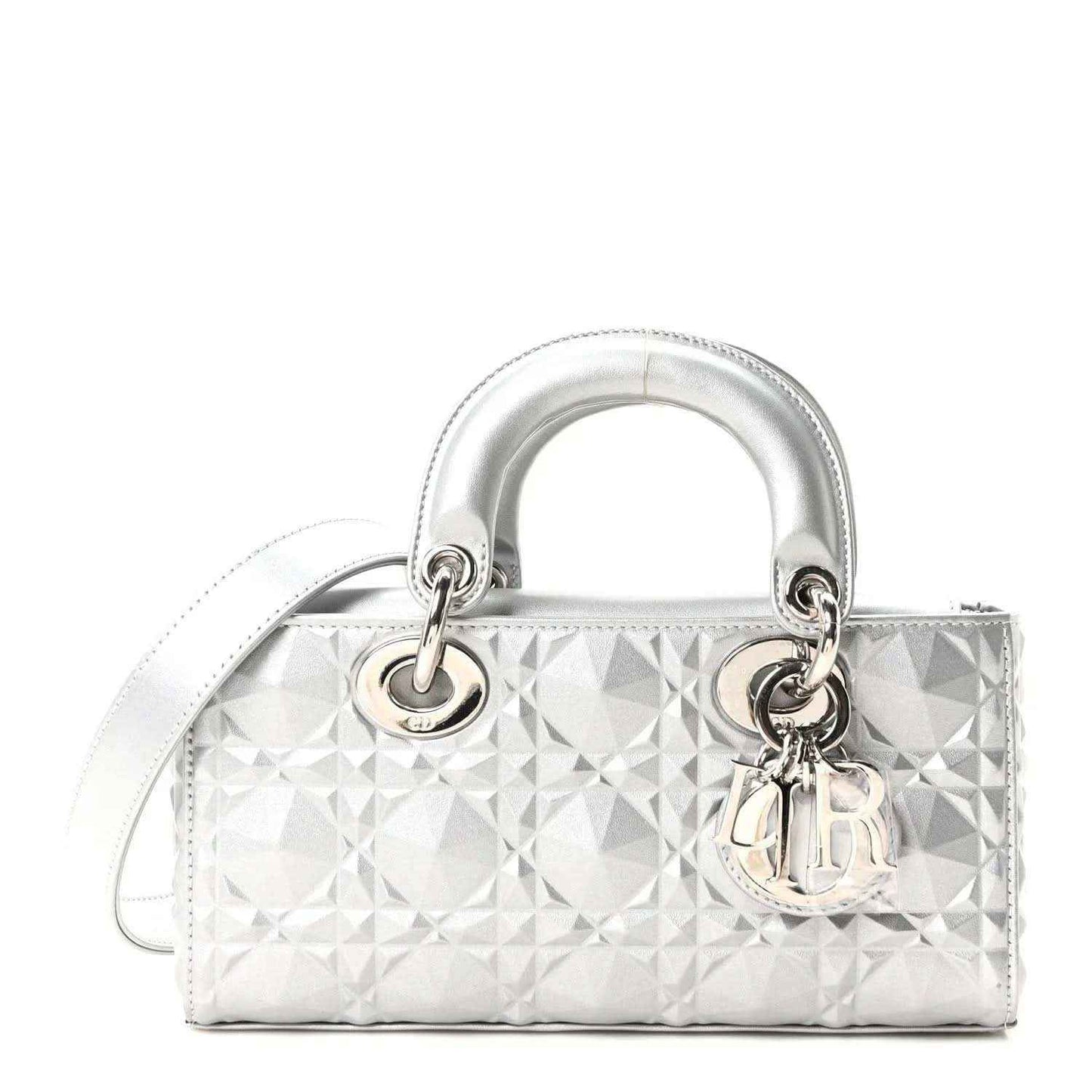 Small metallic silver handbag with geometric canage texture, top handles, and flap closure.