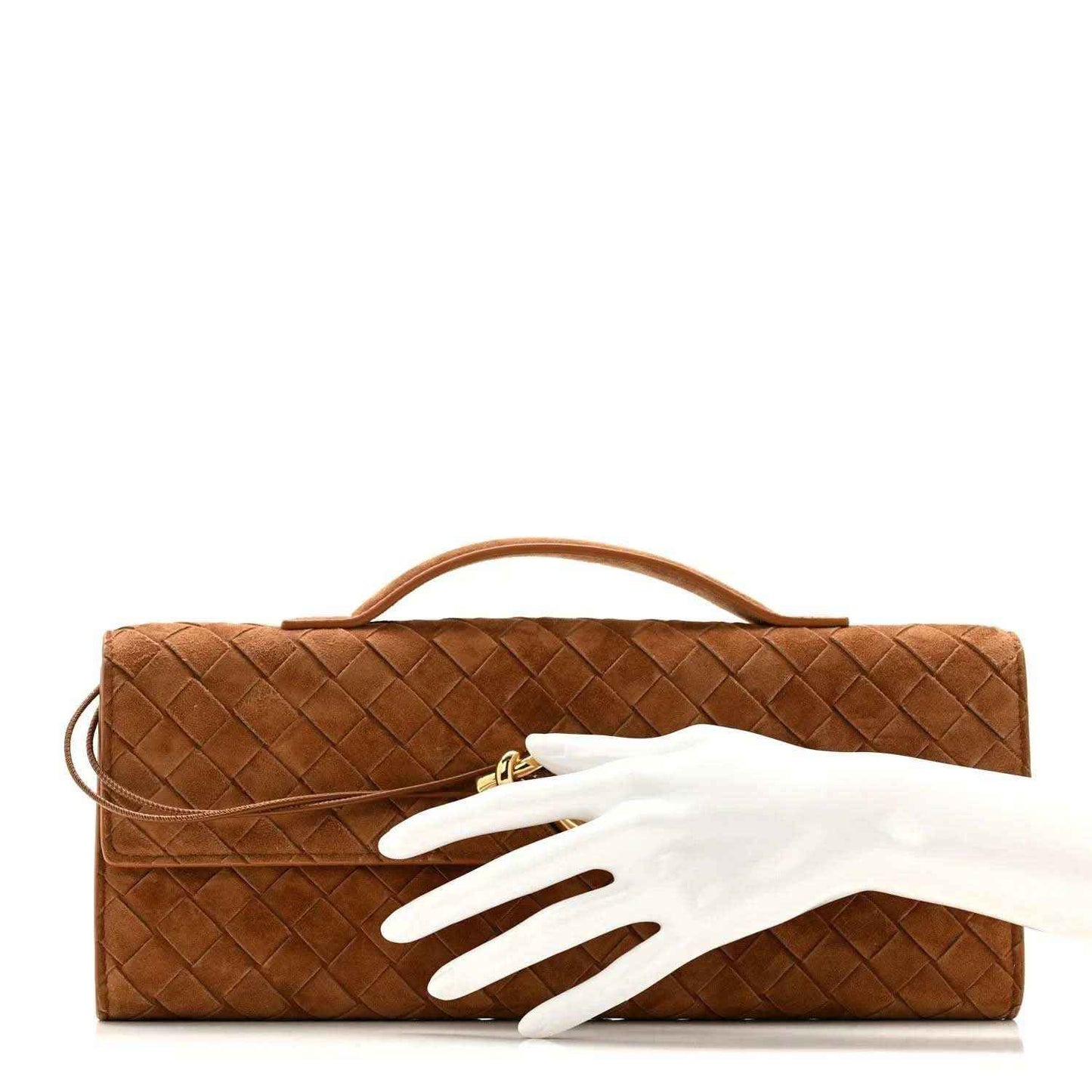 Amber suede long top-handle clutch with woven intrecciato pattern and gold clasp
