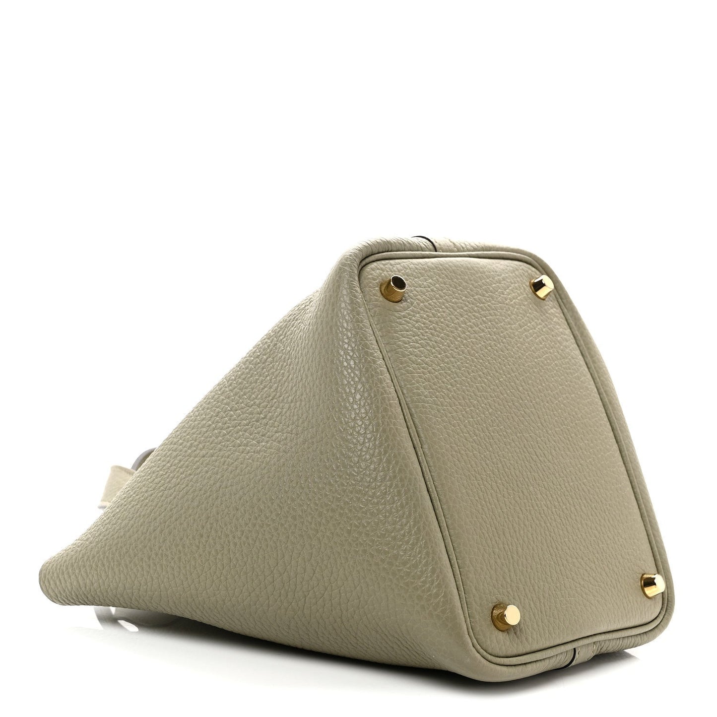 Sauge leather tote bag with angled front panel and gold hardware details