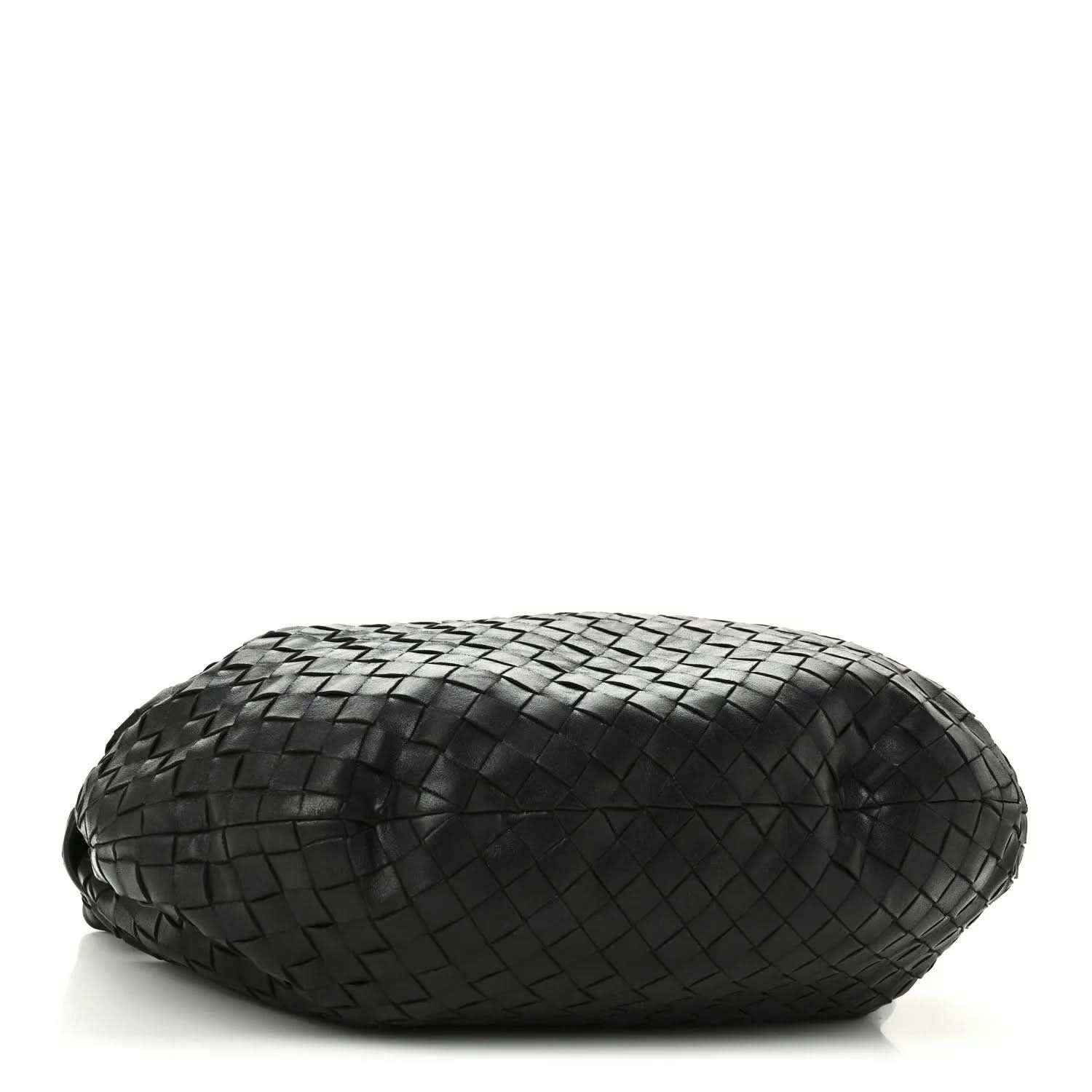 Black woven leather shoulder bag, rounded profile with Intrecciato texture