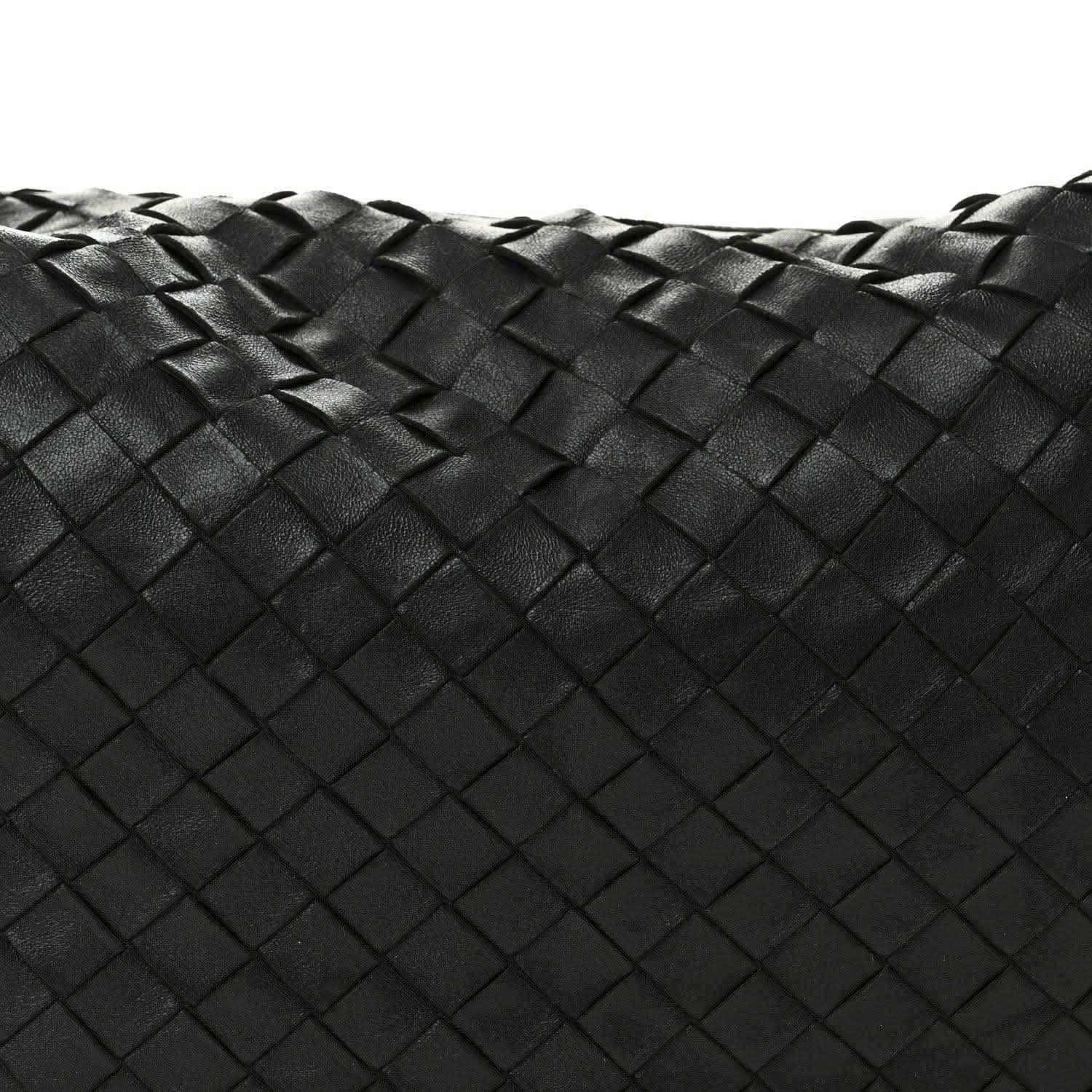 Black Intrecciato leather shoulder bag detail, woven diamond pattern