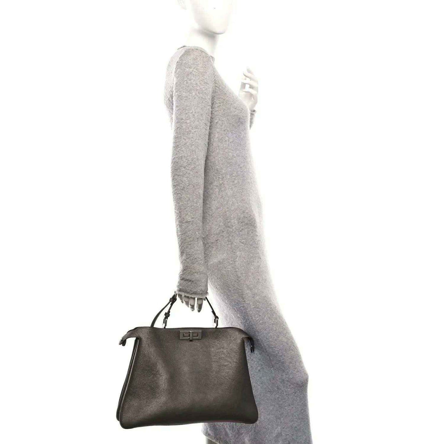 Fendi Peekaboo leather tote in tortora, worn on shoulder with small top handles