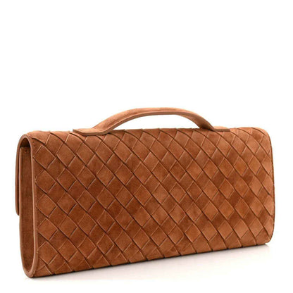 Amber-brown suede intrecciato top-handle clutch, side profile