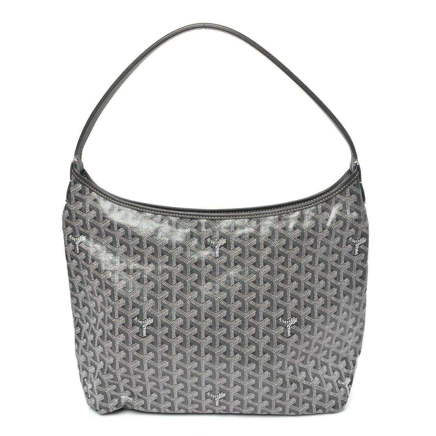 Grey coated canvas hobo bag with Goyardine pattern and top handle