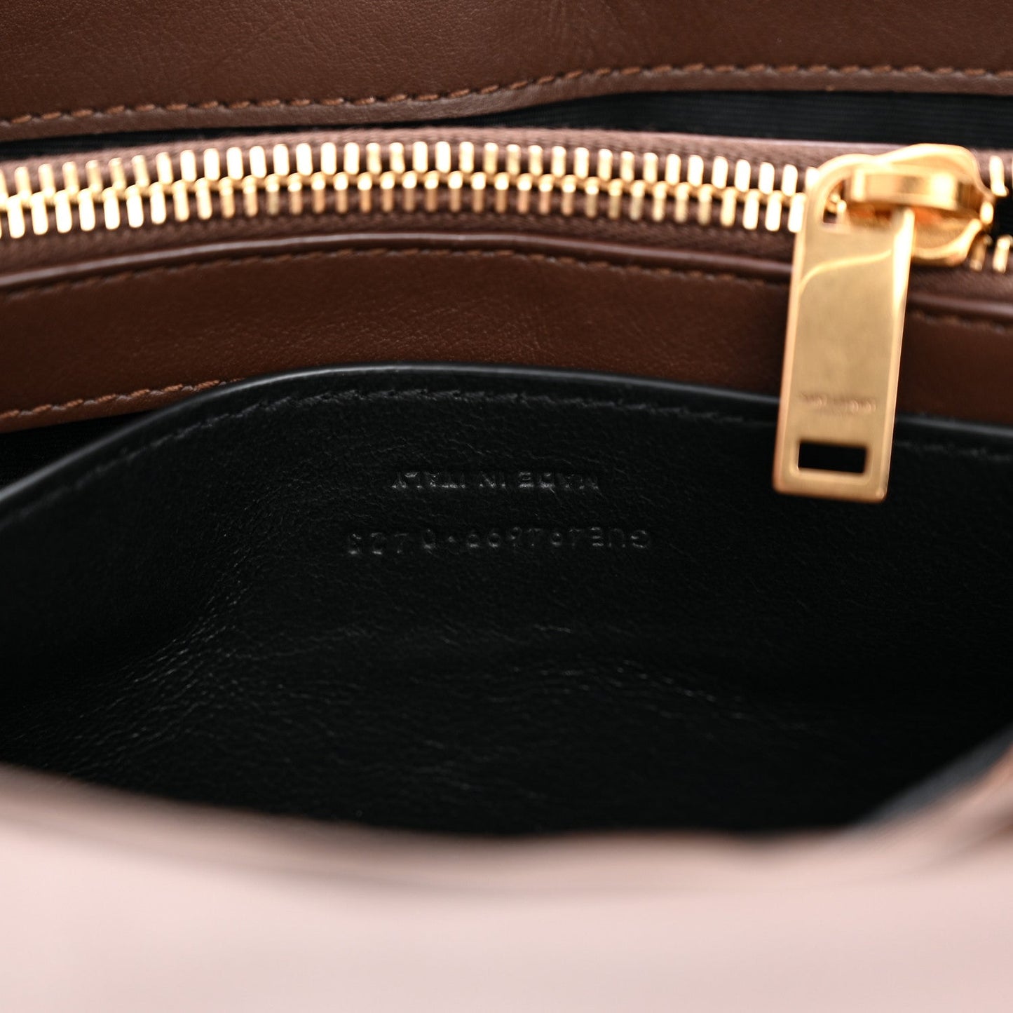 Zipper top and gold pull on suede satchel with interior lining, brown