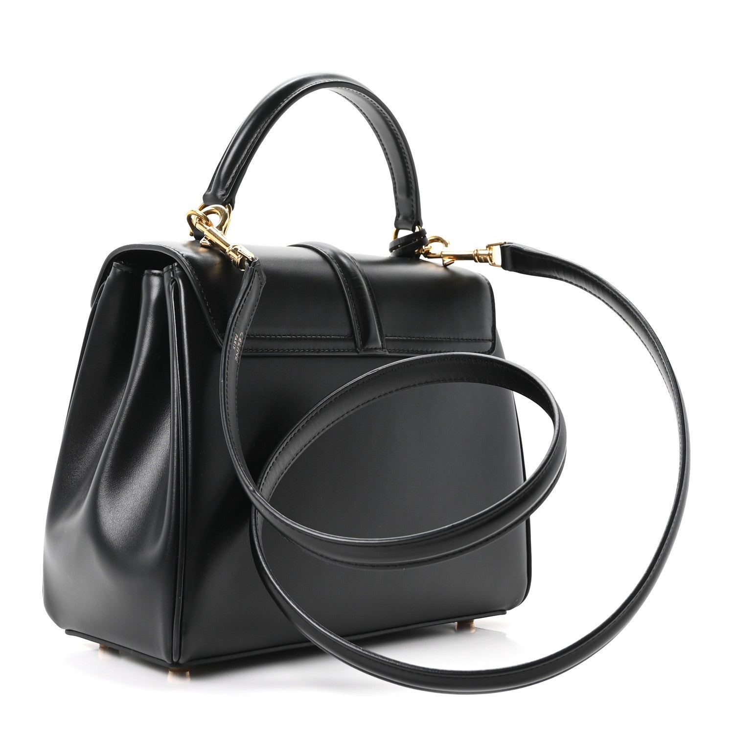 Celine mini top-handle bag in black leather with gold chain strap and front flap