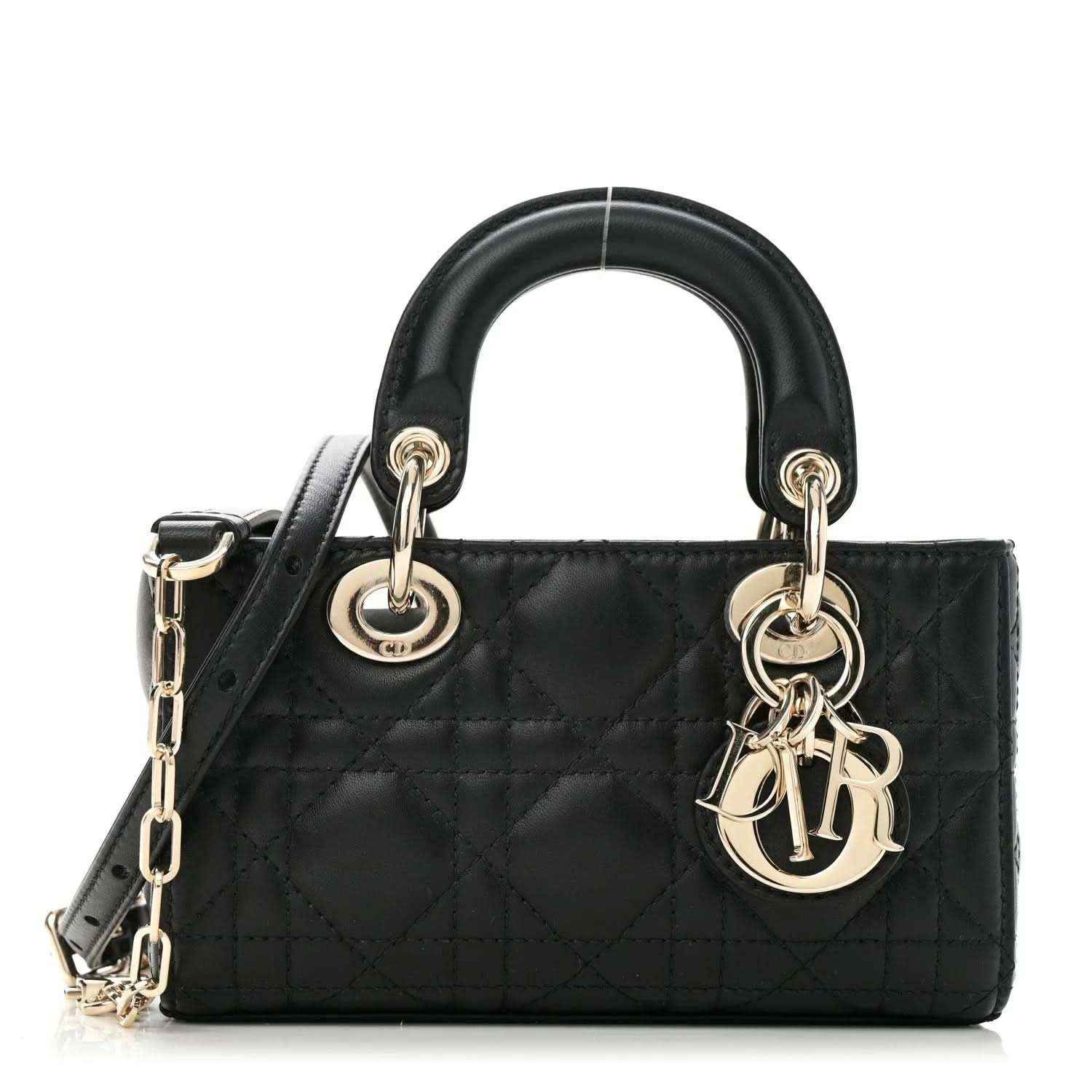 Black lambskin handbag with quilted cannage pattern, top handles, and gold chain charm