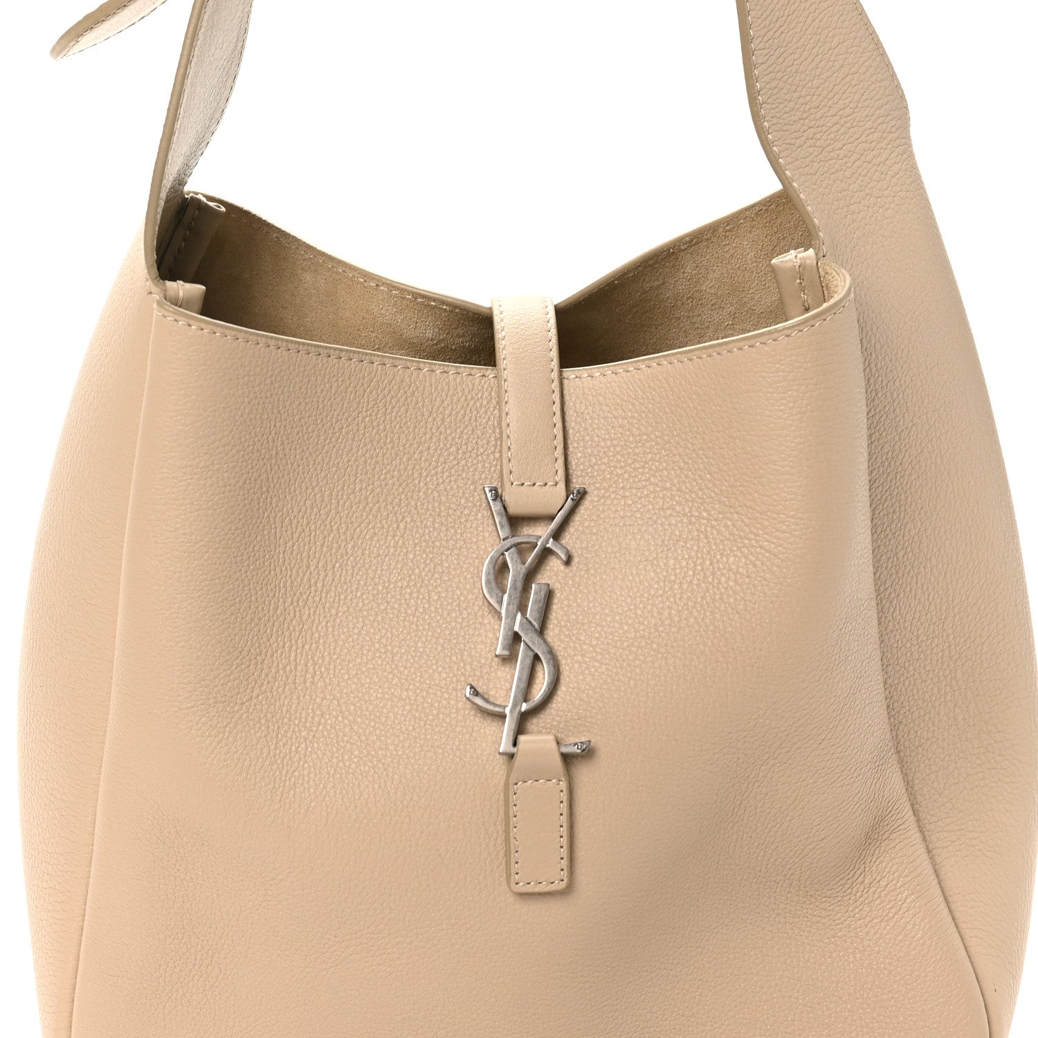 Light beige hobo bag with YSL logo hardware at center and leather key fob