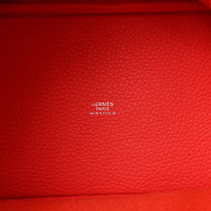 Red leather tote with embossed HERMES PARIS and MADE IN FRANCE stamp