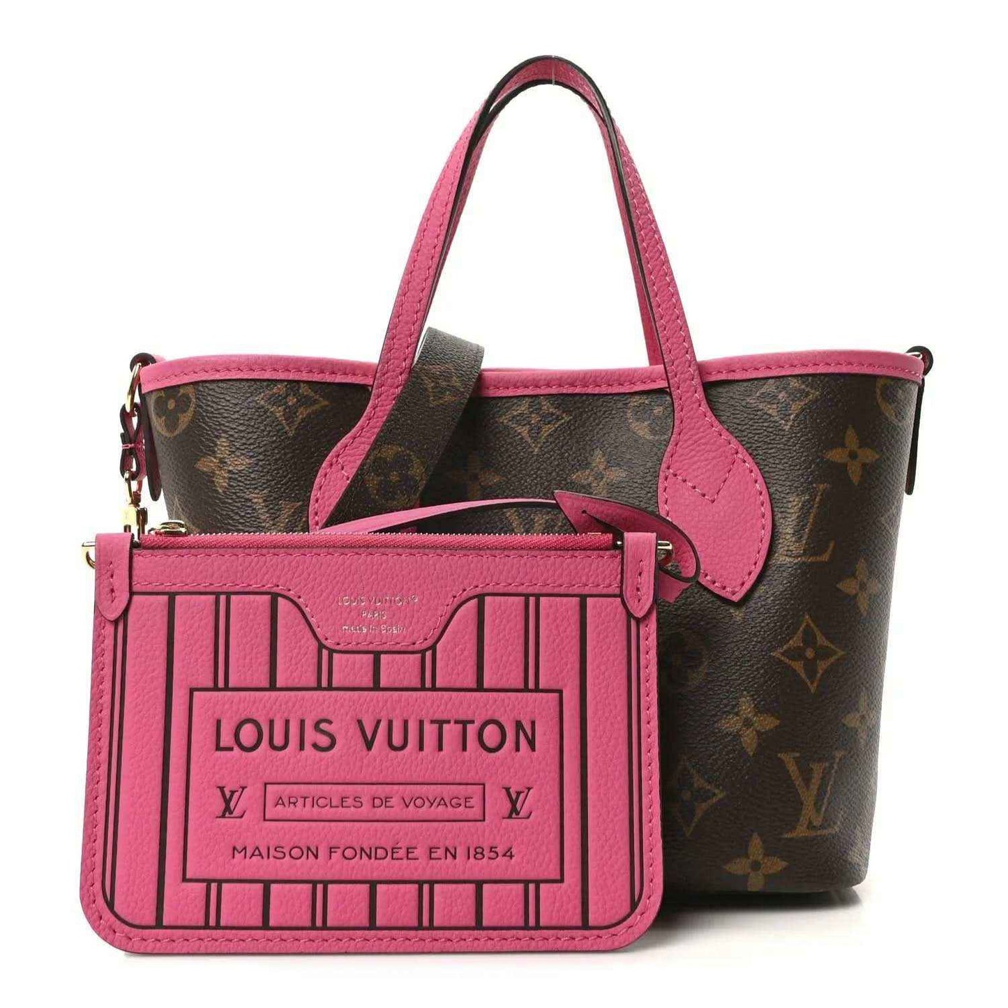 Louis Vuitton monogram tote bag with pink front organizer pouch and top handles