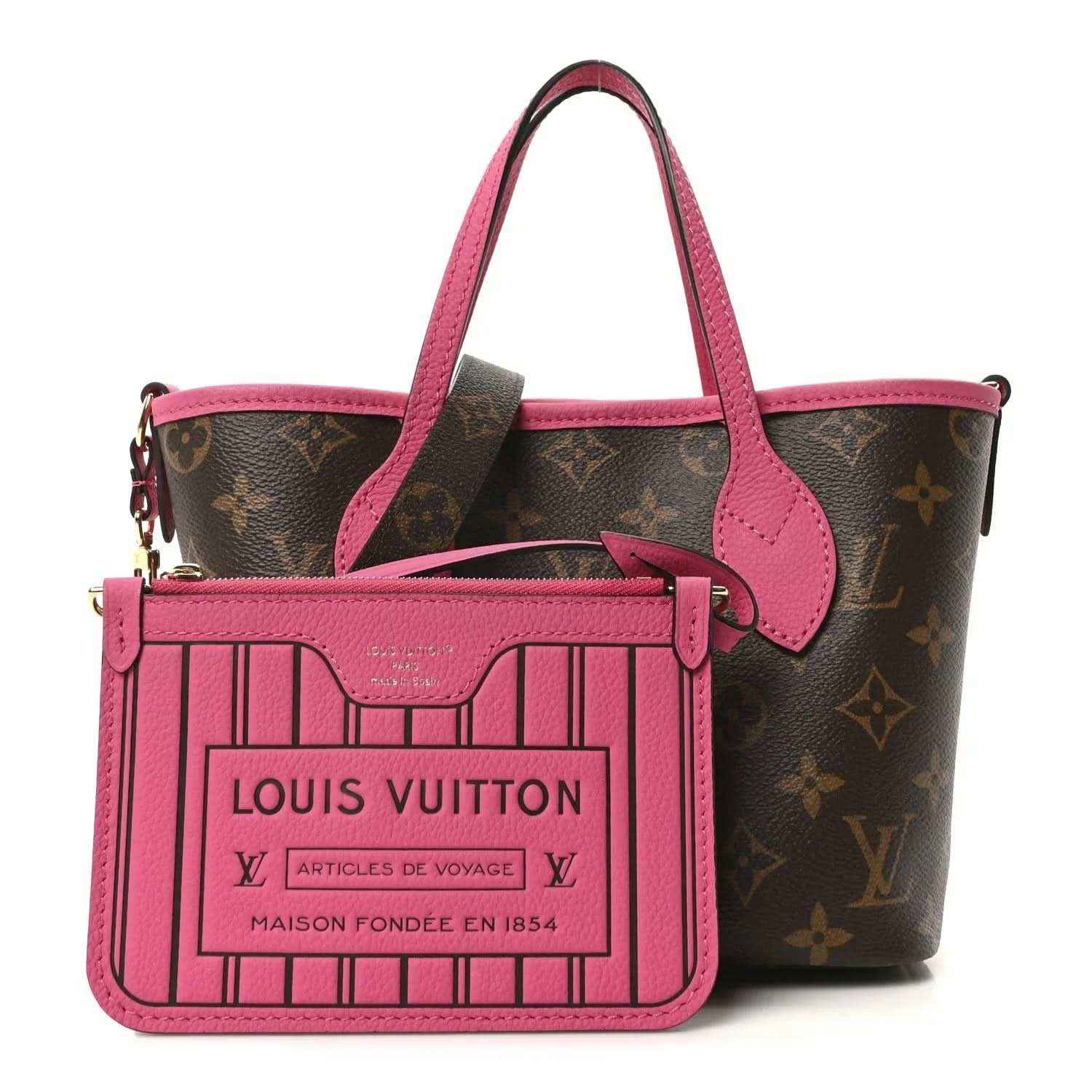 Louis Vuitton monogram tote bag with pink front organizer pouch and top handles