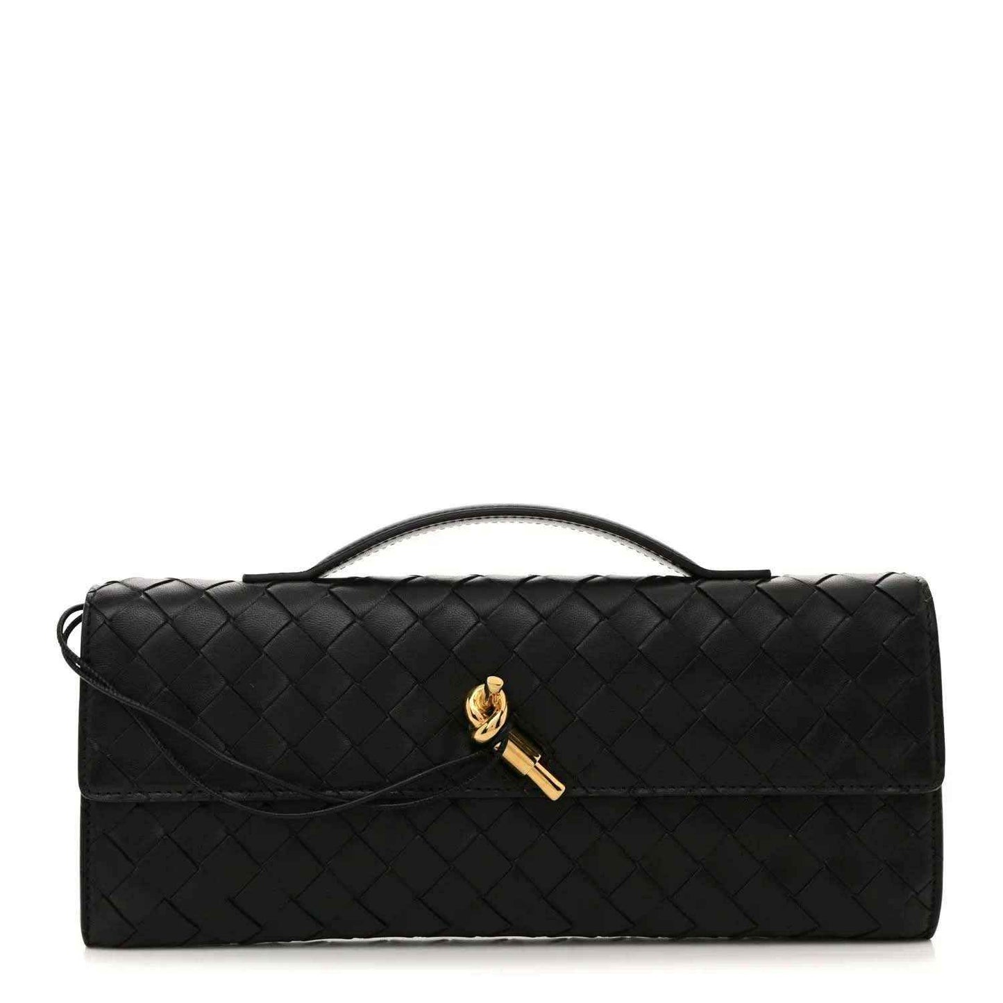 Bottega Veneta intrecciato leather top-handle clutch, black, gold clasp